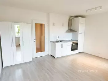 Světlá moderní kuchyň s vestavěnými spotřebiči, parketová podlaha, světlý dekor, minimalistický styl, bílé skříňky a nerezová digestoř.