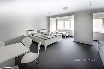 Prostorná ložnice s moderními postelemi, světlá díky velkým oknům, kobercová podlaha, minimalistický design, ideální pro studentské bydlení.