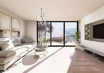 Světlý obývací pokoj s moderním designem, parketová podlaha, velká okna na terasu, elegantní nábytek a vestavěné úložné prostory.