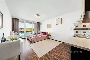 Světlý obývací pokoj s moderní kuchyní, parketová podlaha, velká okna, výhled na terasu, útulné zařízení, elegantní styl, zrekonstruovaný prostor