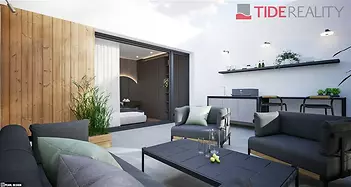 Moderní terasa s elegantním nábytkem, dřevěnými prvky a vestavěnou venkovní kuchyní, ideální pro relaxaci a zábavu.