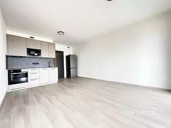 Světlý obývací pokoj s moderní kuchyní, parketová podlaha, vestavěné spotřebiče, minimalistický design, vhodné pro mladé rodiny.